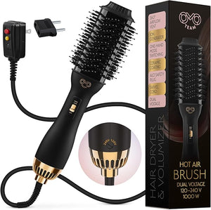 Professional Dual Voltage Blowout Hair Dryer Brush for European Travel 110V-120V/220V-240V, Black Gold Dryer and Volumizer, Hot Air Brush for Women, 2.4 INCHES Oval Shape