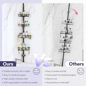 SWTYMIKI Shower Caddy Tension Pole - 4-Tier Corner Shower Organizer Tension Rod with Soap Holder Toothbrush Holder &amp 4 Hooks Adjustable Stainless Steel Bathroom Organizer 27.6 to 108.3 inch Bla