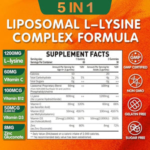 Liposomal L-lysine Gummies 1200mg Lysine Chewable Supplement with Vitamin C D3 B12 &amp Zinc for Adults &amp Kids Immune &amp Collagen Support Lips &amp Skin Health Vegan Natural Fruit Flav