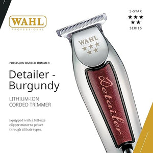 Wahl Professional Detailer Trimmer Burgundy Adjustable T-Blade Corded Lightweight Rotary Motor Includes 3 Guides and Accessories