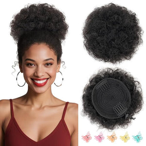 Hairro Afro Puff Hair Bun For Kids Human Hair Drawstring Ponytail Extensions For African Black Women Girls Remy Kinky Curly Scrunchy Hairpieces 54g 8 #1B Natural Black