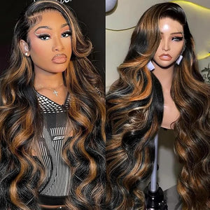Highlight Honey Ombre Lace Front Wig Human Hair Body Wave Lace Front Wigs Human Hair Pre Plucked 9x6 1B/30 Brown Highlight Wig Colored 32 Inch Balayage Glueless Wigs for Women