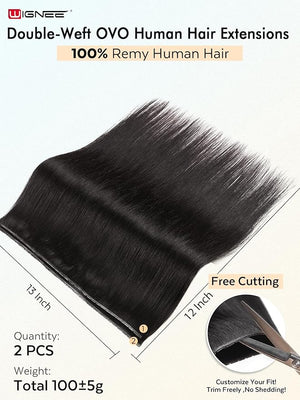 WIGNEE OVO Invisible Human Hair Extensions 100% Real Remy Human Hair Weft Black Hair Extensions Human Hair 2 PCS 12 Inch No Glue Genius Weft Micro Bead Real Human Hair Extensions for women(1B)