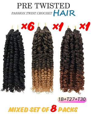 6 Inch 8 Packs Mixed Colors Combo Pack,Pre Looped Pretwisted Passion Twist Crochet Hair- Super Short Crochet Hair Extensions Braided by Synthetic Spring Kinky Twist Bohemian Curls(1B+T27+T30)