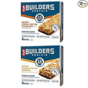 CLIF BUILDERS Protein Bars - Variety Pack - Crispy Almond Salted Caramel and Crispy Peanut Butter Chocolate Flavored - Reduced Sugar - Gluten Free - 16g Protein - No Artificial Sweeteners - 1.97 oz. (