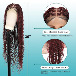 Kalyss HD Full Lace Boho Braided Wigs for Women 360 Lace Front Twist Braided Wigs with Baby Hair Burgundy Red Premium Synthetic Knotless Braid Wig 36