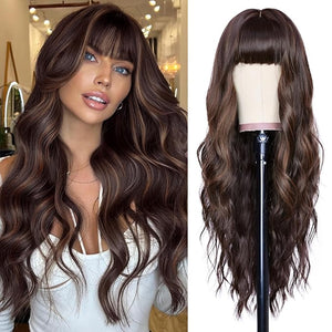 NAYOO Brown Wigs with Bangs for Women Long Curly Wavy Hair Wigs Heat Resistant Synthetic Fiber Wigs for Daily Party Use 26 Inches (Dark Brown Mixed Light Brown)