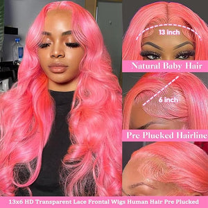 Pink 13x6 Lace Front Wigs Human Hair for Black Women Hot Pink Body Wave Lace Frontal Wig Pre Plucked with Baby Hair 180% Density Glueless HD Transparent Lace Frontal Wig 24 Inch