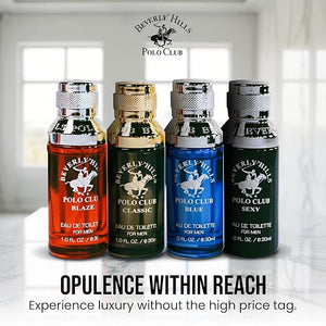 Beverly Hills Polo Club Men's Fragrance Collection - 4 Premium Eau de Toilette Colognes (1oz Each) - Diverse, Long-Lasting Scents: Blaze, Blue, Classic, Sexy - Ideal Gift Set for Him