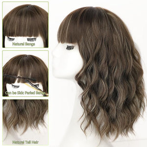 AISI HAIR Curly Bob Wig with Bangs Short Wavy Warm Medium Brown with Golden Highlights. Color Wigs for Women Bob Style Synthetic Heat Resistant Bob Wigs