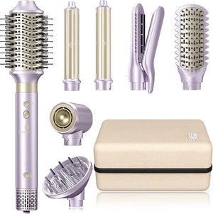 Hair Dryer Brush 8-in-1 Dual Voltage Hot Air Styler ? Fast-Drying 110,000 RPM Ionic Blow Dryer with Straightener &amp; Curler Attachments, Frizz-Free Volumizing Styler with Protective Hard Case-Purple