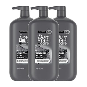 DOVE MEN + CARE Purifying Body &amp Face Wash 3 Count Charcoal Clay with 24-Hour Nourishing Micromoisture Technology 30 oz