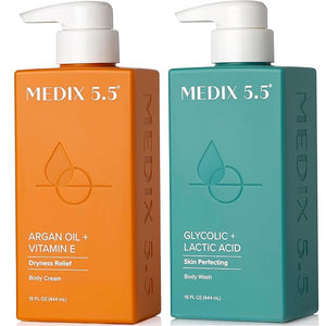 Medix 5.5 Glycolic Acid Exfoliating Face &amp Body Wash Cleanser + Argan Oil Moisturizing Body Cream Lotion 2PC Skin Care Set | Alpha Hydroxy Acid &amp Lactic Acid Foaming Face Wash 2PC Set