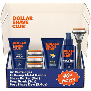 Dollar Shave Club | Total Package Gift Set | 4 Extra Close Refill Cartridges 1 Heavy Metal Handle 1 Prep Scrub 3 ounce 1 Shave Butter 3 ounce 1 Post Shave Dew 3.4 ounce Razors for Men