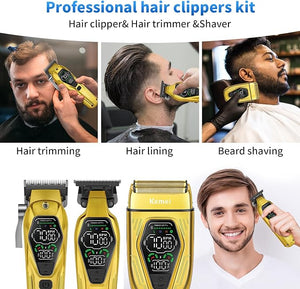 KEMEI KM-8551 Professional Barber Clippers Set - Hair Clippers for Men Trimmer &amp Foil Shaver 3-Speed LED Display USB-C 8/4 Guide Combs Wet/Dry Hair Cutting Kit with Adjustable Rocker
