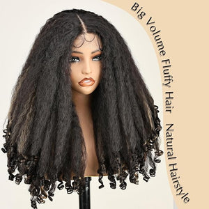 SOKU Afro Curly Lace Front Wig Synthetic Highlights Brown 20 Inch Kinky Straight with Curly Ends Crimp to Curl T Part Transparent Lace Front Wig for Black Women