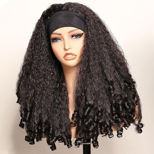 New Afro Curly Headband Wig Synthetic Braided Hair Texture with Unique Bouncy Curls in the End 20 Inch Soft Curly Headband Wigs for Black Women Dark Brown Blend Kinky 4C Hair