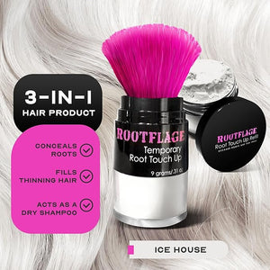 Rootflage Root Touch Up - Icy Platinum White Temporary Hair Color Brass Banisher with Kabuki Applicator + Rootflage Refill + Small Detail Brush For Blonde or Golden Hair (ICE HOUSE)