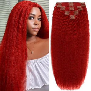 18inch 110g Red Clip in Hair Extensions Real Human Hair 8pcs with 18clips Colorful Remy Hair Extensions Kinky Straight Hair for Women Double Weft Seamless Extensions Clip ins