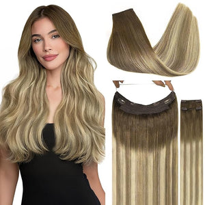 GOO GOO Wire Hair Extensions Human Hair 3/8/613 Walnut Brown with Ash Brown and Bleach Blonde Balayage 20inch 140g Invisible Wire Hair Extensions with Transparent Seamless Fish Line Hairpiece