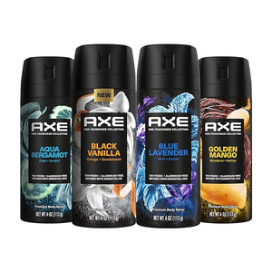 AXE Fine Fragrance Collection Premium Deodorant Body Spray for Men - Variety Pack - Blue Lavender Aqua Bergamot Golden Mango &amp Black Vanilla - Pack of 4 72H Odor Protection Aluminum Free 4 oz