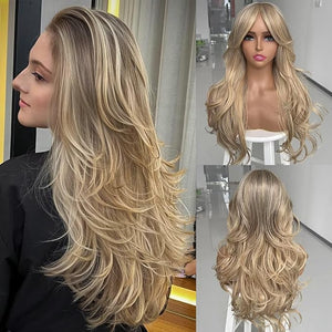 Platinum Blonde Highlight Layered Wigs with Bangs Long Golden Blonde Layered Wig with Curtain Bang for Black White Women Long Ombre Ash Brown Highlight Wavy Synthetic Light Brown Hair 24Inch