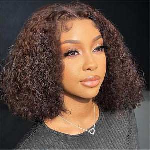 Chocolate Brown Glueless Wigs Human Hair Pre Plucked Pre Cut 180% Density Closure Wigs Human Hair Bob Wig Curly Human Hair Wig Wear and Go Glueless Wig for Women 12 Inches