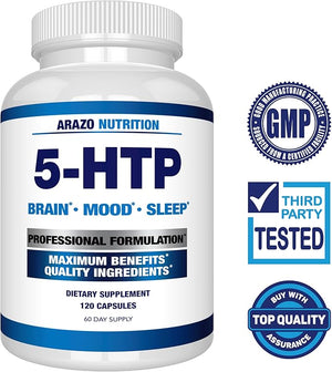 5-HTP 200 MG Plus Calcium for Mood Sleep ? Supports Calm and Relaxed Mood ? 99% High Purity ? 120 Capsules ? Arazo Nutrition