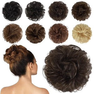 FESHFEN Human Messy Buns - 100% Human Hair Bun Real Scrunchies Hair Pieces Ponytail Extensions Wavy Tousled Updo Chignon Hairpieces for Women, Brown