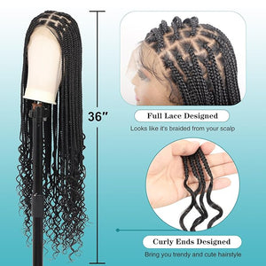 Kalyss 360¡Æ Full Lace Braided Wigs for Women Box Braid Wig with Baby Hair Knotless Braided Wig Curly Ends Bohemian Long Black HD Lace Front Braid Wigs 36