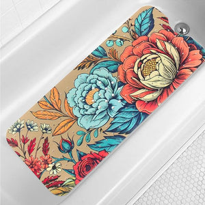 Bohemia Floral Bathtub Mat Non Slip for Kids 40x16in Extra Long Anti Slip Bath Mat for Tub Boho Flower Bath Shower Mat with Large Drain Holes and Suction Cups Vintage Plant Design Bathroom Decor