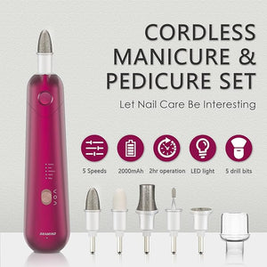 Professional Manicure Pedicure Set - Cordless Electric Foot Nail Care Trimmer Buffer Tools - 5 Speeds Rechargeable Thick Nails (Red)