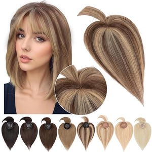 SEGO Hair Toppers for Women Real Human Hair with Bangs Mono Base 10 Inch Clip In Bangs Wiglets Topper Hairpieces for Women with Thinninghair -4P27 Medium Brown&ampDark Blonde