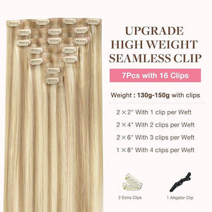 GOO GOO Clip in Hair Extensions Real Human Hair Remy Human Hair Extensions Clip ins for Women Natural Human Hair 18inch 130g 7Pcs 18A/613A Dark Blonde Highlighted Bleach Blonde