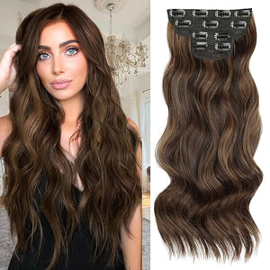 Vigorous Clip in Hair Extensions Black&ampDark mix light brown Hair Extensions Clip ins 4PCS Thick Synthetic Wavy hair for Women