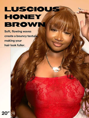 GORGIUS Honey Brown Wig with Bangs Long Body Wave Fringe Bang Wig Ready to Go Glueless Wig Upgraded with Style-Archive Premium Fiber