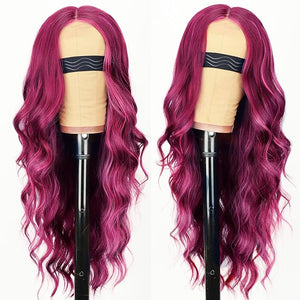 AISI HAIR Burgundy Mixed Rose Red Wig for Women Long Wavy Lace Hairline Middle Part Synthetic Heat Resistant Wig for Daily Party-26 Inch