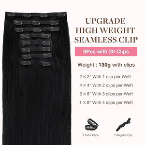GOO GOO Clip in Hair Extensions Real Human Hair Remy Human Hair Extensions Clip ins for Women Natural Human Hair 22inch 200g 9Pcs #1 Jet Black