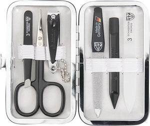 3 Swords Germany - Brand Quality 6 Piece Manicure Pedicure Grooming kit Set - Scissors Metal and Glass Nail File Clipper Tweezers with Synthetic Leather case - White/Black Tools