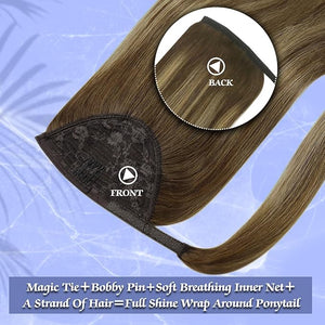 Full Shine Human Hair Ponytail Extension Dark Brown Highlight Honey Blonde mixed Dark Brown Ponytail Clip on Hair Extension for Women 14Inch 70g