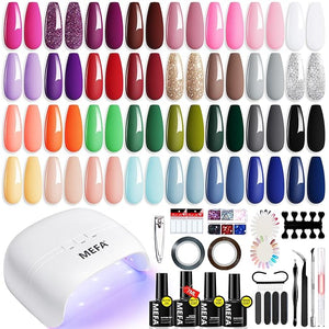 MEFA 60 Pcs Gel Nail Polish Kit with U V Light, 32 Colors Popular Soak Off Nude Pink Red Gel Polish Nail Set with Matte/Glossy Gel Top Base Coat Manicure Tools Nail Art Decorations DIY Salon