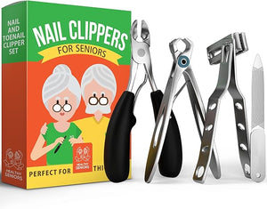 Toenail Clippers for Seniors Thick Toenails - 4-Piece Heavy Duty Nail Clipper Set with Podiatrist Grade Tools Wide Jaw and Rotating Head Clippers for Elderly Adults