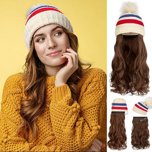 Qlenkay Beanie Hat with Long Wavy Curly Hair Extensions Knit Red Blue Striped Cap Attached 20in Synthetic Wig Detachable Hairpiece Warm Pom for Women Winter Ash Blonde