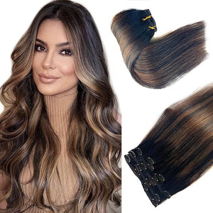 Ombre Clip in Hair Extensions Human Hair Natural Black to Light Brown Balayage Highlights Remy Hair Extensions Clip in Human Hair 12 Inch 7 Pieces Weft Hair Extensions Clip ins 70G for Women
