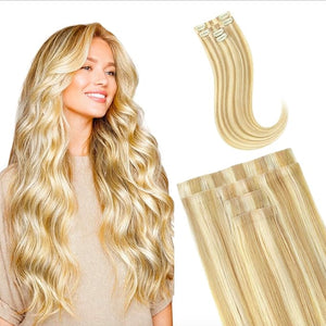 GOO GOO Invisi Edge Clip in Hair Extensions 18inch 50g 4Pcs Injected Seamless PU Clip in Hair Extensions Virgin Real Human Hair #16/22 Light Blonde Highlighted Golden Blonde