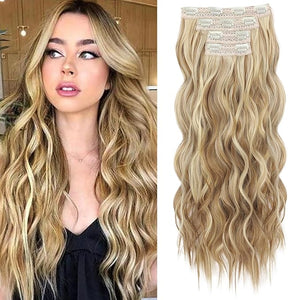 REECHO Clip in Hair Extensions 4PCS Hair Extensions 24 Thick Long Beach Waves hair extensions HE003 Invisible Lace Weft ? Medium Blonde with Blonde Highlights