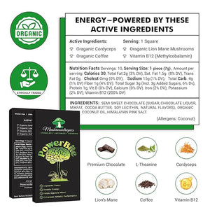 Mushroomtropics PowerBite Adaptogen Mushroom Chocolate Bar with Lion¡¯s Mane and Cordyceps Vitamin B12 and Coffee for Energy Focus Stamina and creativity | Functional Mushrooms Health Benefits