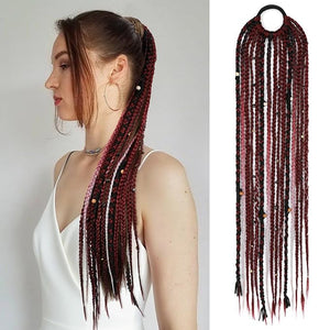 SEIKEA Boho Braided Ponytail Extension with Hair Tie 24 Long Viking Dreadlock Beads Ponytail Hand-braided Braids Hair Extensions Lightweight Natural Synthetic Hairpiece for Festival Cosplay Wine Red