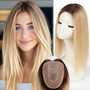 HAIRCUBE Human Hair Toppers For Women 100% Remy Human Hair No Bangs 120% Density Silk Base Clip In Topper For Slight Hairloss For Women 16 inch 60g - Ombre Light Blonde