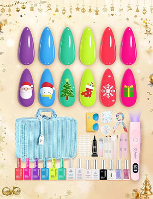 Beetles Christmas Gel Nail Polish Set with Mini LED Nail Lamp Purple Red Green Yellow Gel Polish with Base Top Coat Nail Art Brushes Salon DIY Gift Basket for Women